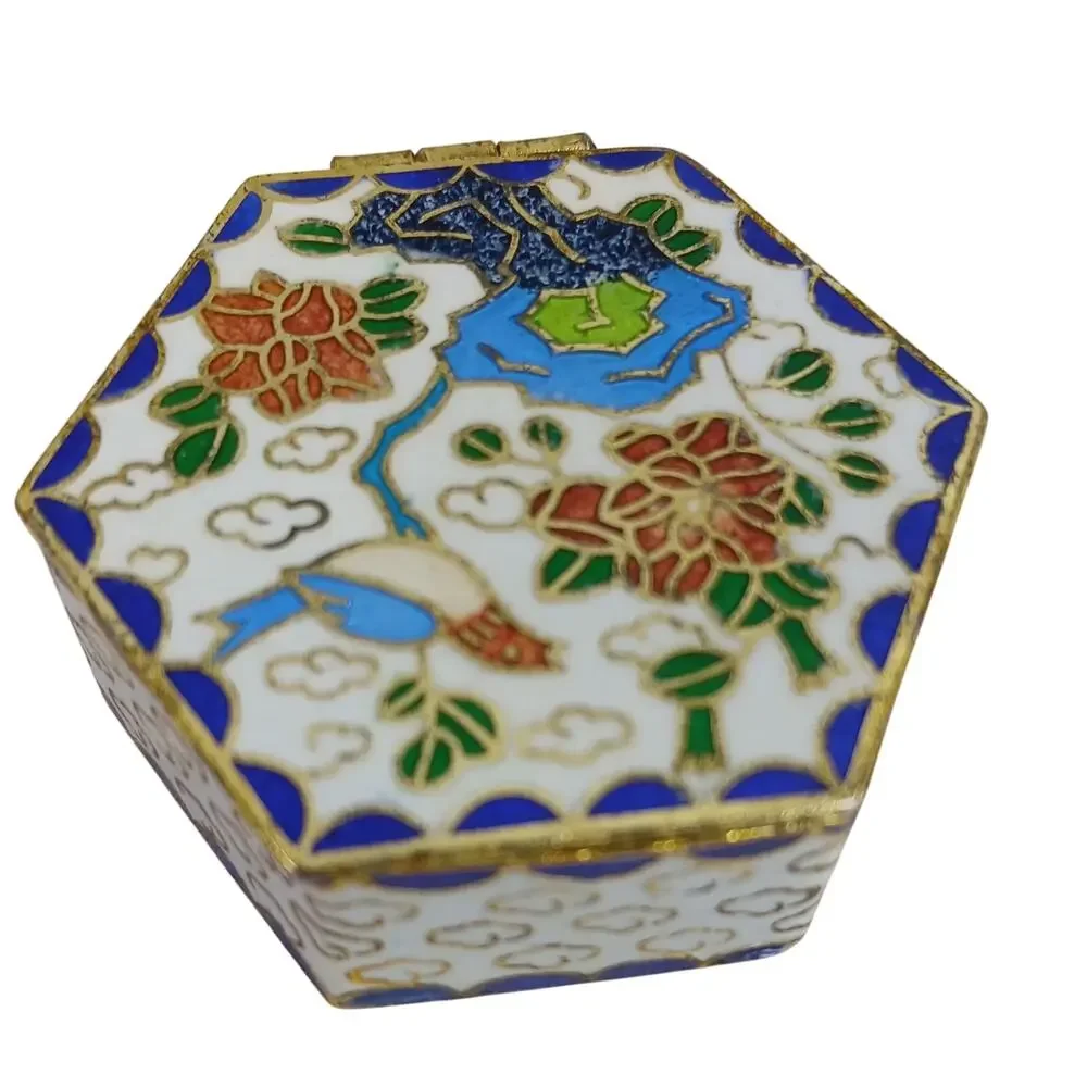 Vintage Cloisonné Hexagonal Pill Box – Floral & Crane Motif Blue Enamel Interior